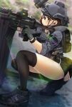  1girl absurdres assault_rifle behind_cover black_thighhighs ear_protection enpera_(jdud8375) fn_scar fn_scar_16 from_side gloves green_eyes gun helmet highres holding holding_gun holding_weapon left-handed lens_flare night_vision_device original outdoors rifle safety_glasses short_shorts shorts skindentation solo tactical_clothes thigh-highs watch watch weapon 
