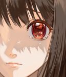  1girl absurdres among_us bangs brown_hair closed_mouth commentary crewmate_(among_us) crying crying_with_eyes_open eyelashes hanny_(uirusu_chan) highres lips looking_at_viewer medium_hair nike original red_eyes solo tears 