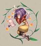  1girl belt_buckle black_pantyhose bodysuit boots bow buckle creature eiko_carol fetal_position final_fantasy final_fantasy_ix flower from_side full_body grey_horns hair_bow highres horns leaf lily_of_the_valley mini_wings moogle orange_flower outline pantyhose pink_bodysuit puchiman purple_hair short_hair single_horn white_bow white_outline white_wings wings yellow_belt 