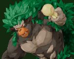  brown_fur commentary_request green_background hand_up holding no_humans nyala_(nyala_766) open_mouth orange_eyes pokemon pokemon_(creature) rillaboom solo teeth upper_body 