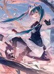 1girl aircraft airplane aqua_eyes aqua_hair bangs black_dress black_gloves black_pantyhose blue_sky book clouds copyright copyright_name dress drone elbow_gloves eyes frilled_dress frills gears gloves hair hair_between_eyes hatsune_miku long_hair looking_at_viewer microscope official_art pantyhose pill sky sleeveless sleeveless_dress solo sousou_(sousouworks) test_tube twintails very_long_hair vocaloid