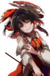 1girl ascot bangs black_hair bleeding blood bow bruise collared_vest commentary_request cowboy_shot cuts detached_sleeves frilled_bow frilled_hair_tubes frills gohei hair_bow hair_tubes hakurei_reimu hand_on_own_arm highres holding_gohei injury long_hair looking_at_viewer matsukuzu one_eye_closed parted_lips red_bow red_eyes red_skirt red_vest ribbon-trimmed_sleeves ribbon_trim simple_background skirt solo torn_clothes touhou vest white_background white_sleeves wide_sleeves yellow_ascot 