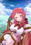  1girl blush breasts closed_mouth dress fire_emblem fire_emblem:_three_houses fire_emblem_warriors:_three_hopes gloves hair_ornament highres long_sleeves looking_at_viewer monica_von_ochs official_alternate_costume official_alternate_hairstyle red_eyes redhead rein_rise short_hair smile solo upper_body 