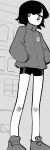  1girl :3 bangs bare_legs bike_shorts blush closed_mouth from_below from_side greyscale hands_in_pockets high_collar highres injury jacket legs legs_apart light_smile long_legs long_sleeves looking_at_viewer looking_down looking_to_the_side monochrome no_nose no_pupils no_socks organsoup original outdoors puffy_long_sleeves puffy_sleeves scrape scraped_knee shoes short_hair skinny slim_legs sneakers solo standing swept_bangs zipper_pull_tab 