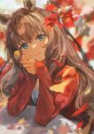  1girl absurdres animal_ears autumn autumn_leaves bangs blue_eyes brown_hair casual closed_mouth falling_leaves ginkgo_leaf highres holding holding_leaf horse_ears jacket leaf long_hair long_sleeves looking_at_viewer maruzensky_(umamusume) open_clothes open_jacket red_jacket smile solo umamusume upper_body yoshiaki_(yosiaki_ml) 