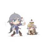  2girls :o bangs black_gloves black_hair blue_eyes blue_jacket boots brown_footwear chibi chinese_clothes closed_mouth dual_persona fingerless_gloves fu_hua fu_hua_(herrscher_of_sentience) fu_hua_(valkyrie_accipiter) full_body gloves hair_ornament hand_on_own_cheek hand_on_own_face honkai_(series) honkai_impact_3rd indian_style jacket long_hair long_sleeves multiple_girls on_floor open_mouth pelvic_curtain rebecca_(keinelove) red_eyes simple_background sitting standing white_background white_gloves 
