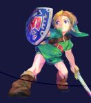  1boy bangs belt belt_buckle blonde_hair blue_eyes boots buckle child green_headwear green_tunic hat highres holding holding_sword holding_weapon link male_child male_focus olxexlo pointy_ears red_belt shield short_hair signature simple_background solo sword teeth the_legend_of_zelda the_legend_of_zelda:_ocarina_of_time tunic unsheathed weapon young_link 