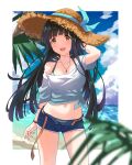  1girl arm_behind_head bangs beach belt bikini bikini_under_clothes black_hair blue_shorts blue_sky blurry blurry_foreground blush bracelet brown_belt brown_headwear check_commentary clouds collarbone commentary_request cowboy_shot damokan66 denim denim_shorts green_bikini hat highres idolmaster idolmaster_million_live! idolmaster_million_live!_theater_days jewelry kitakami_reika long_hair looking_at_viewer midriff navel necklace ocean open_fly open_mouth plant ribbed_hat shirt short_shorts short_sleeves shorts sky smile solo straw_hat striped striped_bikini swimsuit thighs white_shirt yellow_eyes 