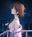  1girl absurdres bangs bare_shoulders blurry blurry_background blush breasts brown_eyes brown_hair building camisole city cityscape closed_mouth commentary crying eyelashes fur_jacket hair_between_eyes highres jacket jewelry looking_up medium_breasts necklace night night_sky off_shoulder original outdoors profile railing sakura_ouo9 short_hair shoulder_tattoo sky skyscraper solo star_(sky) symbol-only_commentary tattoo tears upper_body white_camisole white_jacket 