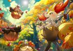  braixen clouds commentary day ekm falling_leaves fangs from_below holding leaf open_mouth outdoors pokemon pokemon_(creature) pumpkaboo seedot sky smile stick symbol-only_commentary tongue tree watermark 