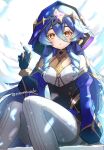  1girl arm_support bangs bare_shoulders blue_hair blue_hood blue_sleeves breasts detached_sleeves doyamona drill_hair feet_out_of_frame genshin_impact gloves hair_between_eyes hand_up jewelry layla_(genshin_impact) long_hair long_sleeves medium_breasts neck_ring pants parted_lips puffy_long_sleeves puffy_sleeves ringlets sidelocks solo twitter_username white_pants yellow_eyes 