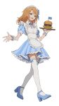  1girl alternate_costume apron bangs blue_bow blue_bowtie blue_dress blue_footwear bow bowtie breasts brown_eyes burger commentary detached_collar dress enmaided flag food frilled_apron frilled_skirt frills full_body hair_bow hand_up highres holding holding_tray idolmaster idolmaster_cinderella_girls legs light_oooo looking_at_viewer maid maid_apron maid_headdress medium_hair open_mouth orange_hair puffy_short_sleeves puffy_sleeves shoes short_sleeves skirt small_breasts smile solo striped striped_dress symbol-only_commentary teeth thigh-highs thighs tray upper_teeth vertical-striped_dress vertical_stripes walking white_apron white_background white_thighhighs wrist_cuffs yuuki_haru zettai_ryouiki 
