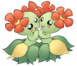  bellossom blush_stickers cheek-to-cheek colored_skin dual_persona flower green_skin heads_together holding_hands leaf leaf_skirt looking_at_viewer monster_girl nark no_humans open_mouth pokemon pokemon_(creature) simple_background smile white_background 