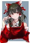  1girl adapted_costume alternate_hairstyle bangs bare_shoulders black_hair bow braid chamaruku cropped_torso detached_sleeves hair_bow hair_tubes hakurei_reimu highres long_hair looking_to_the_side red_bow red_vest simple_background solo touhou twin_braids upper_body vest 