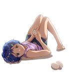  1girl absurdres bare_legs blue_eyes blue_hair breasts collarbone egg grey_shorts heterochromia highres lying on_back ooto_ai open_mouth purple_shirt shiny shiny_hair shirt short_hair short_shorts shorts simple_background sketch sleeveless sleeveless_shirt small_breasts solo striped striped_shirt triangle_hair_ornament wendyia white_background wonder_egg_priority yellow_eyes 