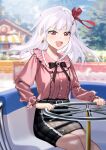  1girl amusement_park black_skirt fate/grand_order fate_(series) highres kama_(fate) kama_(second_ascension)_(fate) long_hair looking_at_viewer miniskirt open_mouth pencil_skirt pink_ribbon red_eyes ribbon rizu033 skirt smile solo spinning_teacup white_hair 