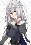  1girl :d absurdres arknights belt belt_buckle black_dress buckle dress grey_hair grin highres index_finger_raised long_hair long_sleeves looking_at_viewer no_headwear nun parted_lips red_eyes smile solo specter_(arknights) upper_body very_long_hair white_background yokuto 