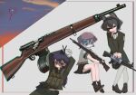  &gt;_&lt; 3girls absurdres animal_ears ankle_boots assault_rifle black_footwear black_skirt blue_hair boots brown_gloves cat_ears closed_eyes closed_mouth fish_hair_ornament gloves green_eyes green_jacket grey_hair grey_shirt gun hair_ornament hands_up headphones headset highres invisible_chair jacket looking_at_viewer medium_hair microphone military military_uniform miniskirt mondragon_rifle multiple_girls open_mouth original pantyhose pigeon-toed polilla pouch rifle shirt short_sleeves sitting skirt sunglasses ufo uniform weapon white_pantyhose 