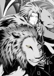  1boy an&#039;no_natsume beard blue_eyes facial_hair greyscale guilty_gear guilty_gear_xrd highres jacket leo_whitefang lion male_focus monochrome smile solo spiky_hair spot_color yellow_eyes 