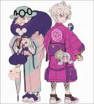  1boy 1girl alcremie bede_(pokemon) black_footwear black_gloves blue_eyes blue_headwear blue_kimono closed_mouth closed_umbrella duosion eyeshadow fur_collar gloves great_ball grey_hair hakusai_(tiahszld) hat hattrem holding holding_poke_ball holding_umbrella jacket japanese_clothes kimono long_nose long_sleeves looking_at_viewer looking_back makeup milcery nail_polish old old_woman opal_(pokemon) pink_gloves pink_kimono poke_ball pokemon pokemon_(game) pokemon_swsh purple_eyeshadow purple_jacket purple_nails red_lips shoes simple_background single_glove smile socks standing umbrella v-shaped_eyebrows violet_eyes watch watch white_background white_socks wide_sleeves 