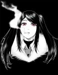  1girl an&#039;no_natsume cigarette eyebrows_hidden_by_hair greyscale highres jill_stingray monochrome necktie portrait red_eyes sidelocks smoke smoking solo spot_color twintails va-11_hall-a 