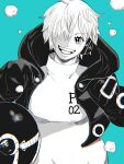  1girl black_jacket blue_background bodysuit greyscale_with_colored_background helmet highres holding holding_helmet jacket monochrome one_piece open_mouth robot_ears short_hair simple_background smile solo suzu_(suzuran_piece) upper_body vegapunk_(one_piece) white_hair 