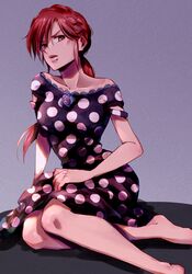  1girl bangs bare_shoulders barefoot black_dress diamond_wa_kudakenai dress jojo_no_kimyou_na_bouken kawajiri_shinobu lips long_hair looking_at_viewer off-shoulder_dress off_shoulder on_floor open_mouth polka_dot polka_dot_dress purple_background red_eyes redhead short_sleeves sitting solo soraao0322 