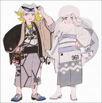  1boy 1girl arm_up blonde_hair blue-framed_eyewear blue_eyes boots closed_mouth colored_eyelashes eyewear_on_head fur_hat galarian_darumaka gloves gordie_(pokemon) grey_footwear grey_gloves grey_hair grey_headwear grey_kimono hakusai_(tiahszld) hand_on_hip hat high_heel_boots high_heels japanese_clothes kimono long_hair long_sleeves looking_at_viewer melony_(pokemon) obi open_clothes parted_lips partially_fingerless_gloves poke_ball pokemon pokemon_(game) pokemon_swsh rolycoly sash shoes simple_background single_glove smile snom sunglasses thick_eyebrows very_long_hair white_background white_footwear wide_sleeves 