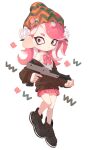  1girl absurdres beanie black_cardigan black_footwear bow bowtie cardigan closed_mouth flower full_body gun hair_flower hair_ornament hat highres holding holding_gun holding_weapon kumo_(kumo_hsc0216) long_sleeves looking_at_viewer n-zap_(splatoon) octoling octoling_girl off_shoulder pink_bow pink_bowtie pink_eyes pink_hair pink_skirt pleated_skirt pointy_ears shirt shoes simple_background skirt sneakers solo splatoon_(series) splatoon_2 tentacle_hair weapon white_background white_flower white_shirt 