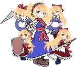  5girls alice_margatroid blonde_hair blue_dress blue_eyes bow brown_footwear capelet closed_mouth dress frilled_hairband frills full_body hair_bow hairband holding holding_shield holding_sword holding_weapon hourai_doll lolita_hairband long_hair multiple_girls puyopuyo red_bow red_dress red_eyes red_hairband shanghai_doll shield shinmon_akika short_hair simple_background smile sword touhou weapon white_background white_capelet 
