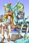  2girls absurdres alternate_hairstyle armlet bangs belt breasts chest_jewel chiton cosplay costume_switch crossover dress earrings forehead_jewel gloves green_eyes green_hair hairstyle_switch high_heels highres jewelry kid_icarus large_breasts laurel_crown long_hair multiple_belts multiple_girls palutena pendant pneuma_(xenoblade) ponytail sandals side_slit single_thighhigh strapless strapless_dress swept_bangs thigh-highs tiara vambraces very_long_hair white-paka xenoblade_chronicles_(series) xenoblade_chronicles_2 