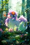  blush_stickers commentary_request day ekm flabebe flower galarian_ponyta highres mushroom no_humans open_mouth outdoors pokemon pokemon_(creature) red_flower smile standing tree violet_eyes 