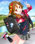  1girl :d absurdres bag bag_charm black_shirt black_socks blue_sky bow brown_hair charm_(object) clouds day hair_ornament headphones headphones_around_neck highres holding holding_bag idol_wars_z jacket jpeg_artifacts looking_at_viewer multicolored_hair outdoors plaid plaid_bow plaid_skirt red_bow redhead school_bag school_uniform shirt shoes short_hair skirt sky smile sneakers socks star_(symbol) star_hair_ornament streaked_hair third-party_source twisted_torso v water yaotome_fuka 