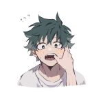  1boy 1other ? ?? bangs blush boku_no_hero_academia cropped_shoulders finger_in_another&#039;s_mouth freckles green_hair grey_shirt highres ichiru_(ic_kloud) looking_at_viewer male_focus midoriya_izuku portrait shirt short_hair solo_focus sweat teeth tongue 