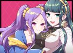 2girls absurdres breasts cleopatra_(fate) earrings facial_mark fate/grand_order fate_(series) green_eyes green_hair hairband head_on_chest highres jewelry large_breasts long_hair multiple_girls pendant purple_hair scrunchie smile twintails uto_hyou violet_eyes wu_zetian_(fate)
