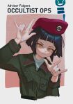  1girl \m/ absurdres beret black_hair character_request closed_mouth double_\m/ fulgora_(polilla) green_headwear green_jacket hat highres jacket looking_at_viewer military military_uniform orange_eyes original polilla shirt short_hair smile solo uniform upper_body white_shirt 