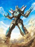 absurdres arm_cannon claw_(weapon) clouds dust head_tilt highres mecha no_humans robot robuja science_fiction sky solo standing terraphaser tokusatsu ultra_series ultraman_decker_(series) weapon