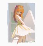 1girl absurdres bare_shoulders blue_eyes border closed_mouth dress headgear highres looking_at_viewer neon_genesis_evangelion orange_hair polilla solo souryuu_asuka_langley standing white_border white_dress 