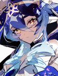  1girl blue_hair bright_pupils drill_hair expressionless genshin_impact hair_between_eyes hair_over_shoulder highres hood hood_up layla_(genshin_impact) long_hair looking_at_viewer loomyoi2 pointy_ears portrait solo star_(symbol) star_print white_background white_pupils yellow_eyes 