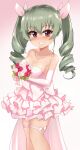 1girl absurdres anchovy_(girls_und_panzer) bare_shoulders blush bouquet breasts collarbone dress drill_hair elbow_gloves frilled_dress frills girls_und_panzer gloves green_hair grin hair_ribbon highres holding holding_bouquet jewelry kurokimono001 long_hair looking_at_viewer necklace pink_dress pink_gloves red_eyes ribbon shiny shiny_hair small_breasts smile solo twin_drills twintails