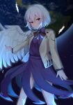  1girl closed_mouth dress feathered_wings feet_out_of_frame hair_between_eyes highres jacket kishin_sagume long_sleeves majime_joe open_clothes open_jacket purple_dress red_eyes short_hair single_wing solo touhou white_hair white_jacket white_wings wings 