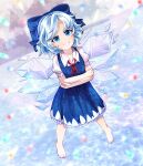  1girl absurdres artist_name bangs barefoot blue_dress blue_eyes blue_hair blush bow bowtie buttons cirno closed_mouth clouds cloudy_sky collared_shirt crossed_arms danmaku dress dungeon_toaster embodiment_of_scarlet_devil english_commentary grey_sky hair_between_eyes highres ice ice_wings lake looking_up puffy_short_sleeves puffy_sleeves red_bow red_bowtie shirt short_hair short_sleeves sky smile snowflake_print solo teeth touhou v-shaped_eyebrows water white_shirt wings 