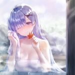 1girl alternate_hair_length alternate_hairstyle bangs bath bathing blurry_background blush breasts cleavage closed_mouth collarbone eyebrows_visible_through_hair hair_between_eyes hair_ornament hair_over_one_eye holding large_breasts long_hair looking_at_viewer maple_leaf naked_towel nude onsen partially_submerged re:zero_kara_hajimeru_isekai_seikatsu rem_(re:zero) smile snowing solo steam towel water wet x_hair_ornament