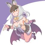 1girl animal_costume animal_ear_fluff animal_ears bat_wings bow bowtie breasts brown_eyes brown_hair brown_long-eared_bat_(kemono_friends) elbow_gloves gloves grey_hair highres kemono_friends kemono_friends_v_project large_breasts leotard long_hair looking_at_viewer mcgunngu multicolored_hair open_mouth pantyhose scarf shoes simple_background skirt solo virtual_youtuber wings 