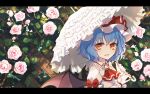  1girl ascot blue_hair dise dress flower hair_between_eyes hat highres holding holding_umbrella letterboxed mob_cap open_mouth pink_flower pink_rose red_ascot red_eyes remilia_scarlet rose short_hair short_sleeves smile solo touhou umbrella upper_body white_dress white_headwear 