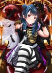  1girl absurdres angel_wings armchair bangs black_gloves black_headwear black_shirt blue_hair blunt_bangs blush chair commentary crossed_legs dark_blue_hair epaulettes falling_feathers fingerless_gloves foreshortening gloves grin hair_bun hair_over_shoulder hat highres long_hair looking_at_viewer love_live! love_live!_sunshine!! miniskirt momouninego outstretched_arm peaked_cap pink_eyes ringlets shirt single_side_bun sitting skirt smile solo striped striped_thighhighs tatehoko_tsubasa teeth thigh-highs tilted_headwear tsushima_yoshiko two-tone_wings v-shaped_eyebrows v_over_eye w wings 