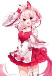  bangs breasts crop_top dress frilled_dress frills highres indie_virtual_youtuber open_mouth pink_dress pink_eyes pink_hair pink_shirt ryuhyo_rione shirt short_twintails small_breasts thick_eyebrows twintails twintell_pink twitter_username v virtual_youtuber white_background wide_sleeves 