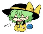  1girl ? black_headwear buttons chibi closed_eyes confused crossed_arms fang fang_out green_hair hat highres komeiji_koishi long_sleeves open_mouth ribbon shirt simple_background third_eye touhou white_background yellow_ribbon yellow_shirt zunusama 