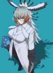  1girl a888_n22 aqua_background arm_at_side bangs bird_girl bird_tail bird_wings black_pants blonde_hair book breasts buttons closed_mouth coat collared_coat frilled_sleeves frills glasses gloves grey_hair hair_between_eyes head_wings highres holding holding_book holding_quill kemono_friends large_breasts legs_apart long_hair long_sleeves multicolored_hair pants quill redhead secretarybird_(kemono_friends) semi-rimless_eyewear shiny shiny_hair shoes simple_background smile solo standing tail under-rim_eyewear very_long_hair white_coat white_hair wing_collar wings yellow_eyes 