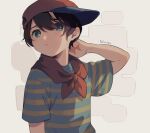  1boy ascot baseball_cap black_hair blue_eyes child commentary_request hat male_child male_focus mother_(game) ness_(mother_2) red_ascot shifumame shirt short_hair simple_background striped striped_shirt upper_body 